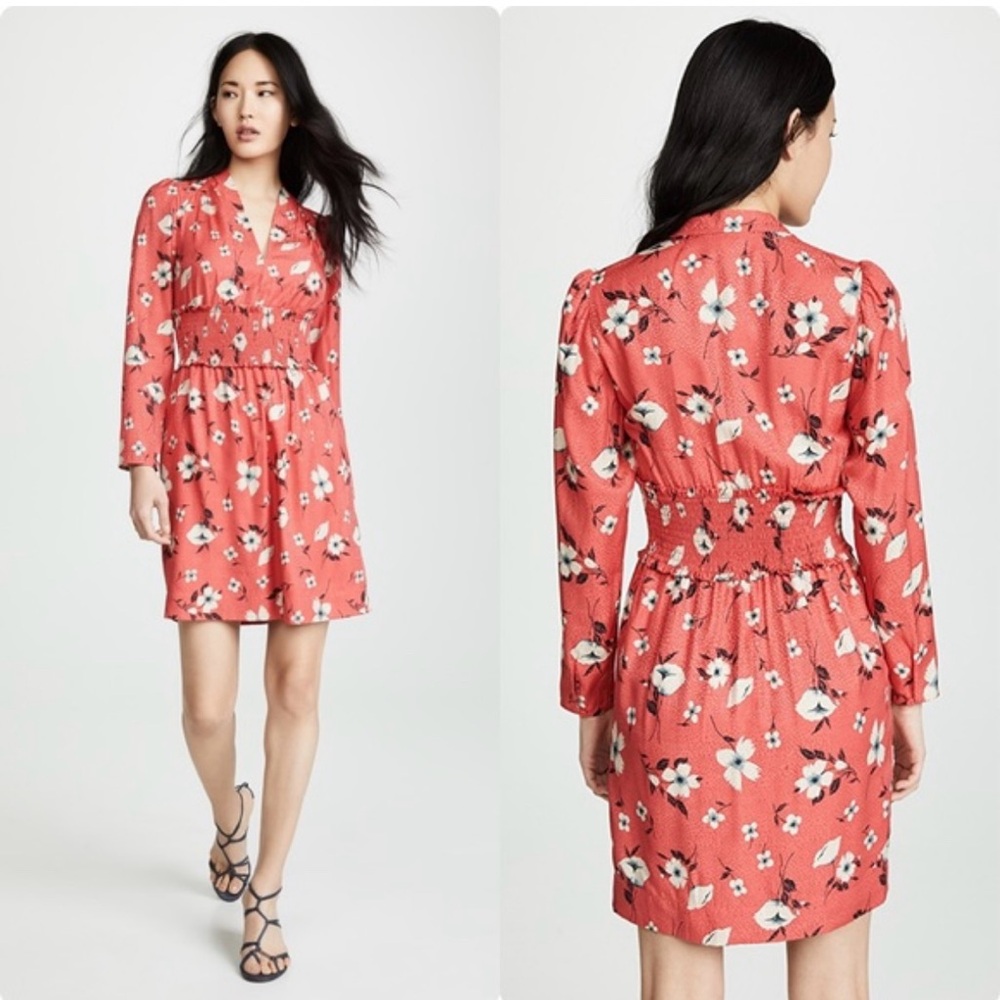 Rebecca Taylor size 2 Daniella Red Floral Silk Blend Dress smocked v neck - Picture 1 of 8